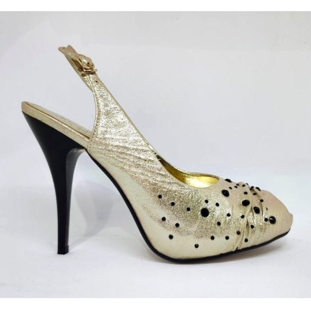 Kiss Kiss Women's Gold High-Heel W/Decorative Black Studs Size 39